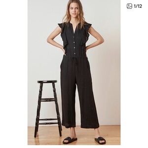 VELVET by Graham & Spencer 100% Linen Faretta Ruffled Jumpsuit Women Small Black